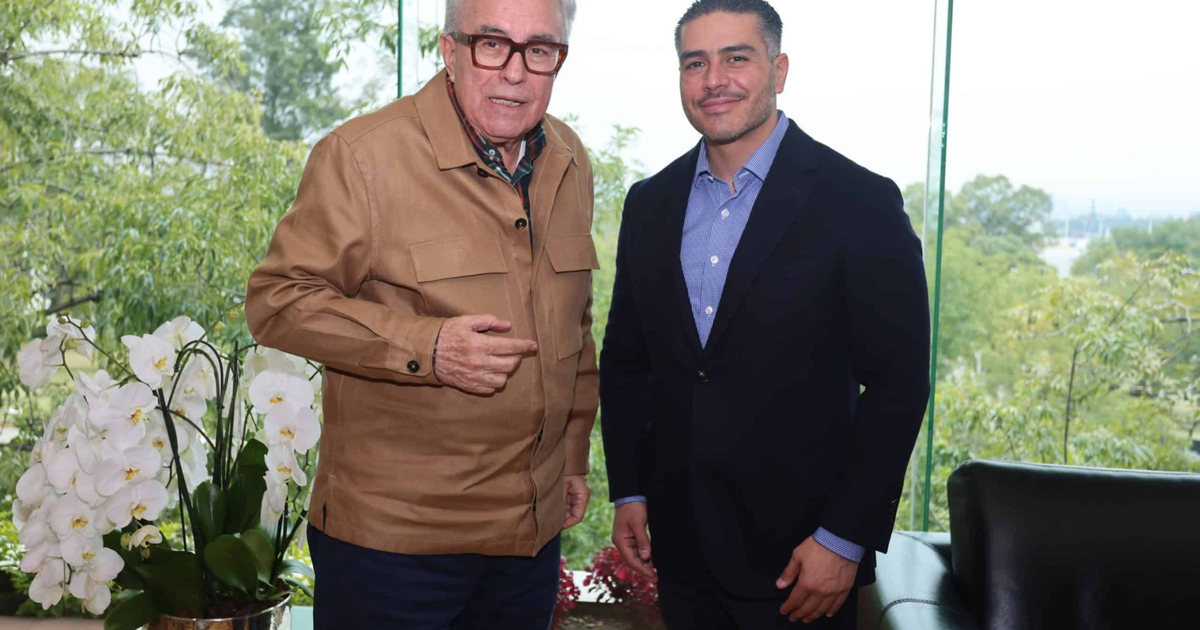 Dos hombres conversan en un interior con ventanales y una planta de orquídeas en primer plano.