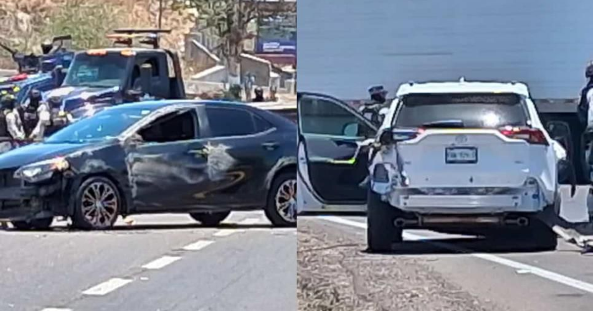 Automóvil negro dañado y vehículo blanco con agentes de seguridad en Culiacán