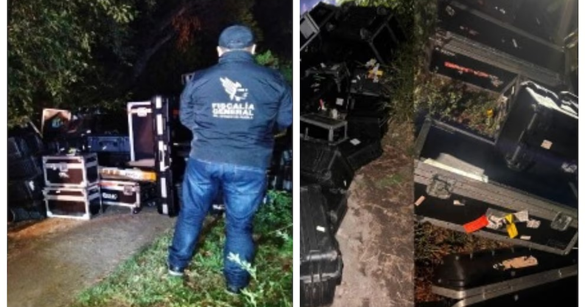 Agente de la Fiscalía General supervisa estuches de equipo musical recuperado en Puebla