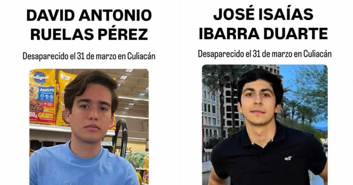 Cartel de desaparición de José Isaías Ibarra Duarte y David Antonio Ruelas Pérez en Culiacán, con sus fotos y detalles.