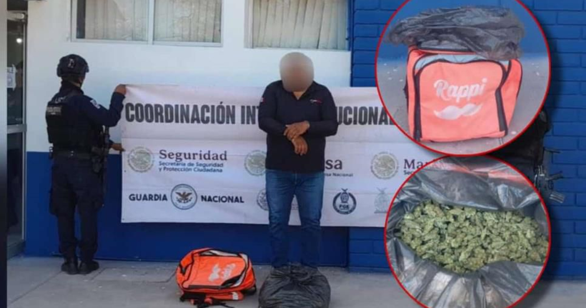 Hombre detenido frente a cartel de 'COORDINACIÓN INTERINSTITUCIONAL' con bolsas de Rappi y marihuana.