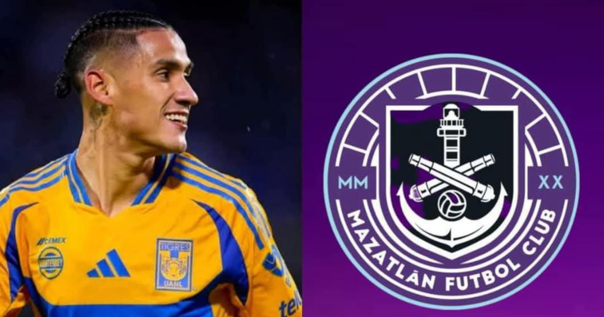 Jugador del Mazatlán FC con camiseta amarilla y azul junto al logotipo del club