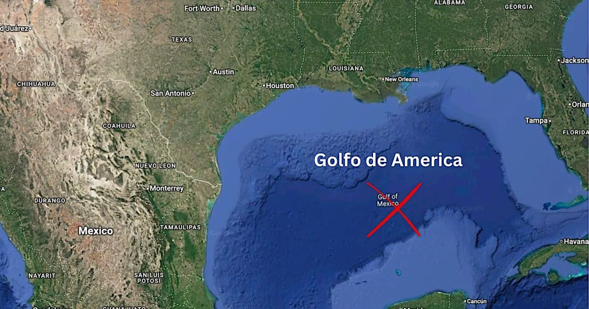 Mapa de América del Norte con el Golfo de América resaltado y una cruz roja en el golfo.