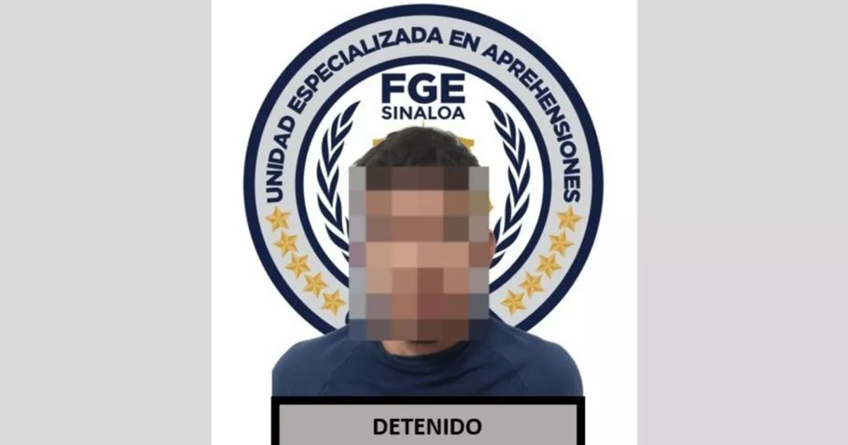 Ficha policial de Sergio “N” detenido por homicidio en Sinaloa, con rostro pixelado y escudo de la FGE.