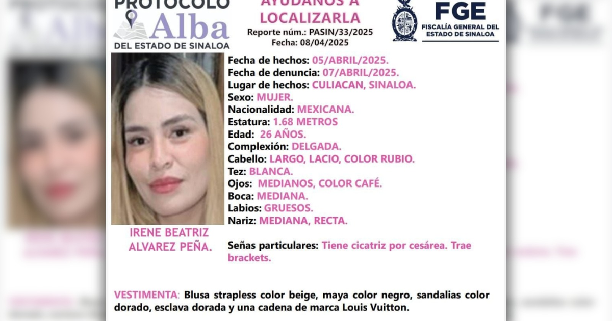 Aviso de búsqueda de Irene Beatriz bajo el Protocolo Alba en Sinaloa, México.