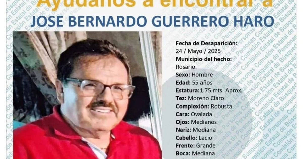 Cartel de búsqueda de José Bernardo Guerrero Haro, desaparecido en El Rosario, Sinaloa, con detalles físicos y de vestimenta.