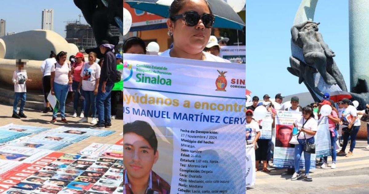 Manifestación de madres buscadoras en Mazatlán, Sinaloa, con pancartas de personas desaparecidas.