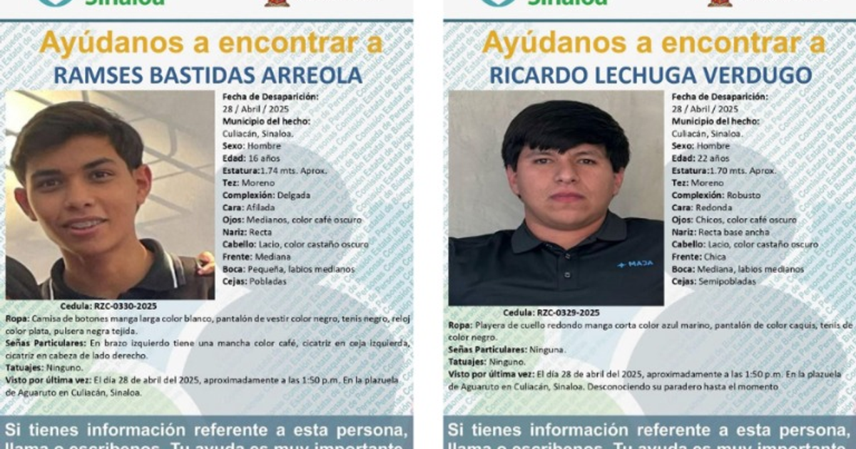 Carteles de búsqueda de Ramsés Bastidas Arreola y Ricardo Lechuga Verdugo, desaparecidos en Culiacán.