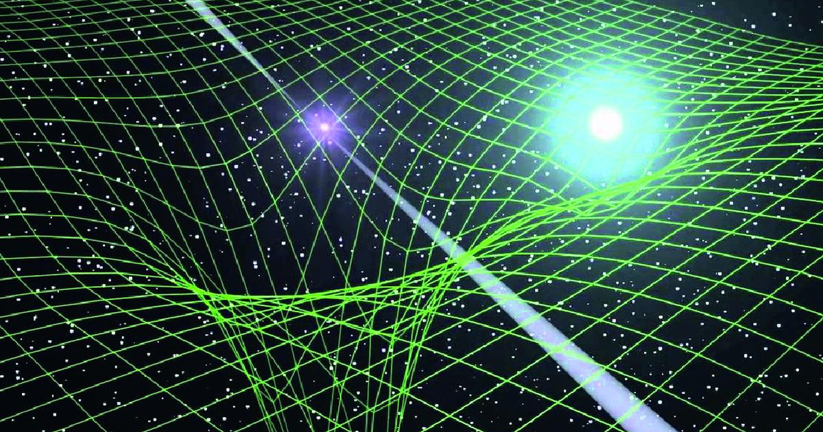 Representación gráfica de la curvatura del espacio-tiempo con malla verde y puntos de luz, relacionada con la navegación cuántica.