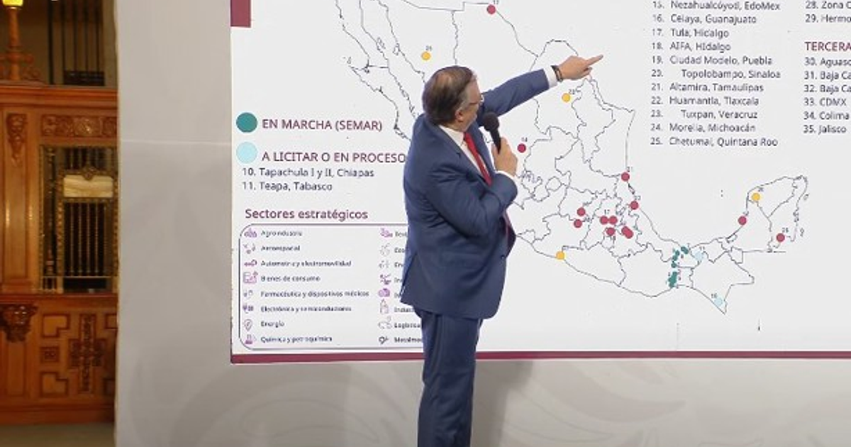 Hombre señalando un mapa de México con proyectos estratégicos y sectores destacados, incluyendo el Polo de Desarrollo para el Bienestar en Topolobampo.