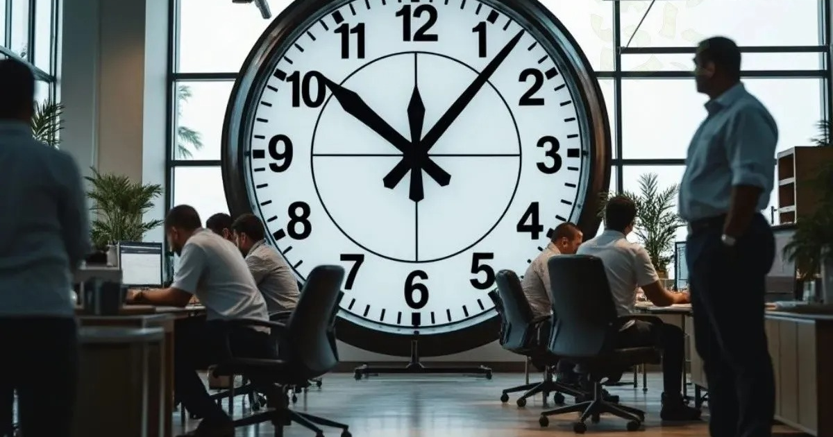 Oficina moderna con personas trabajando, reloj grande y plantas, relacionado con la reducción de horas laborales en México.