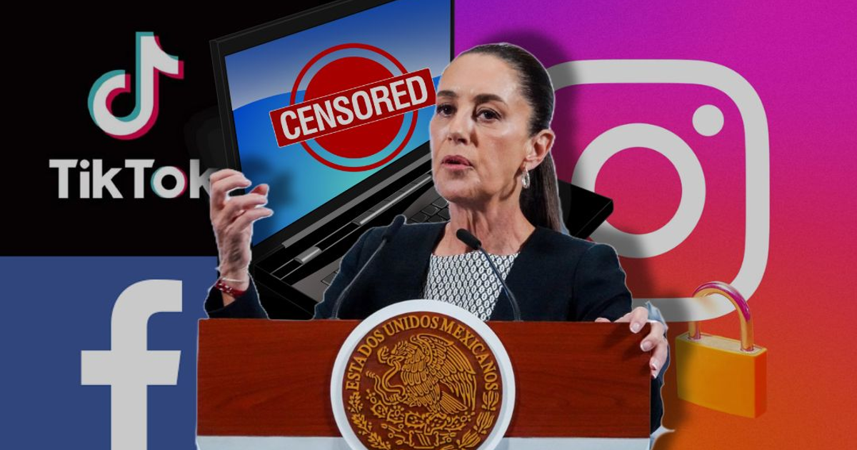 Conferencia sobre la eliminación del artículo 142 de la Ley de Telecomunicaciones en México, con logotipos de redes sociales y símbolo de censura.