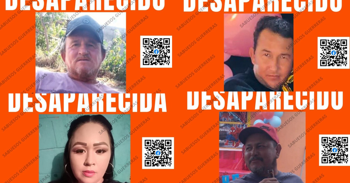 Cartel de personas desaparecidas con fondo naranja y códigos QR en las esquinas.