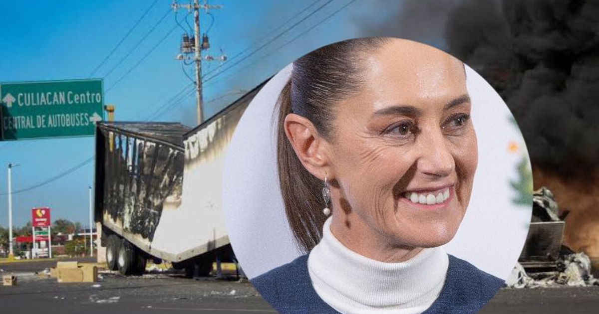 Camión quemado en Culiacán con señal de dirección y retrato de mujer sonriente.