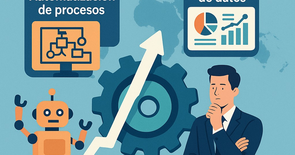 Diseño gráfico de automatización y gestión de datos con robot, diagrama de flujo y gráfico de crecimiento.