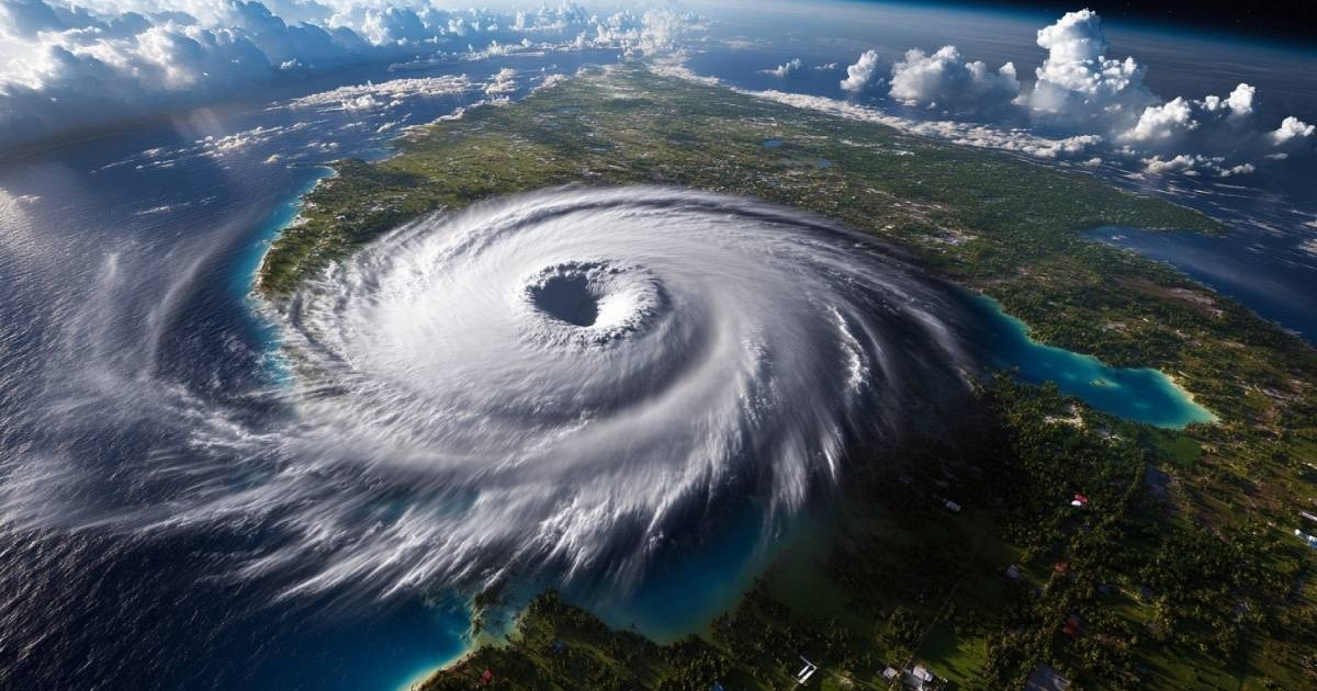 Huracán visto desde el aire con vórtice central y nubes en espiral sobre la costa del Pacífico.