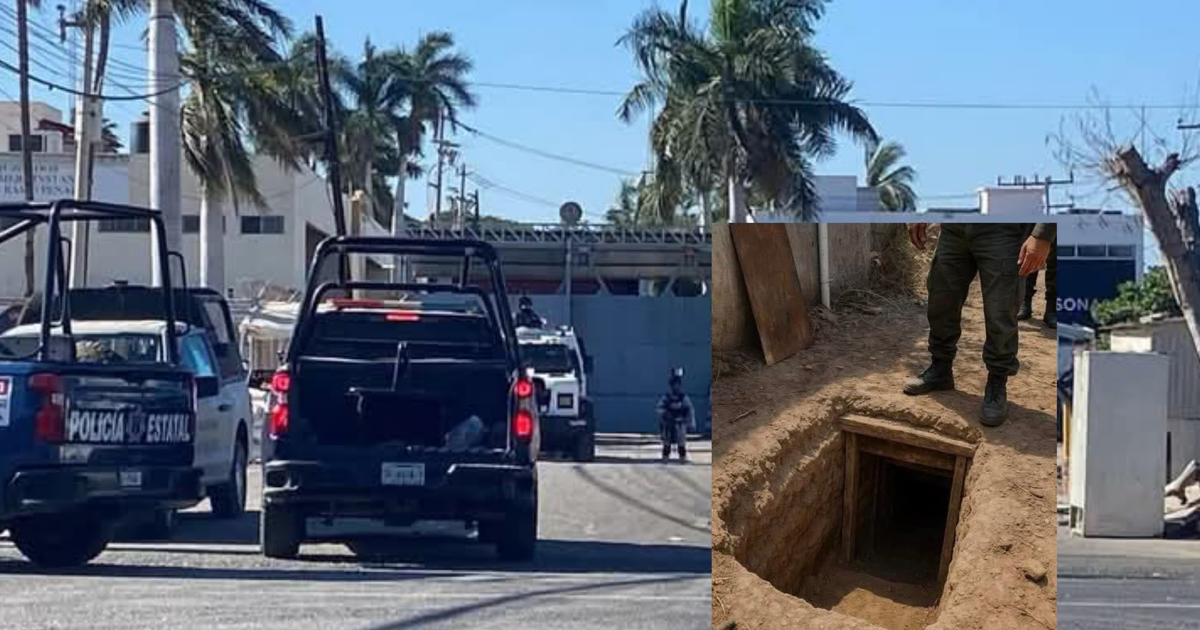 Camionetas de policía en calle urbana con túnel descubierto en penal de Aguaruto