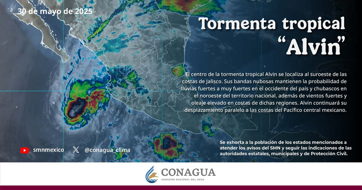 Análisis meteorológico de la tormenta tropical Alvin al suroeste de Jalisco, México, con detalles de lluvias y vientos.