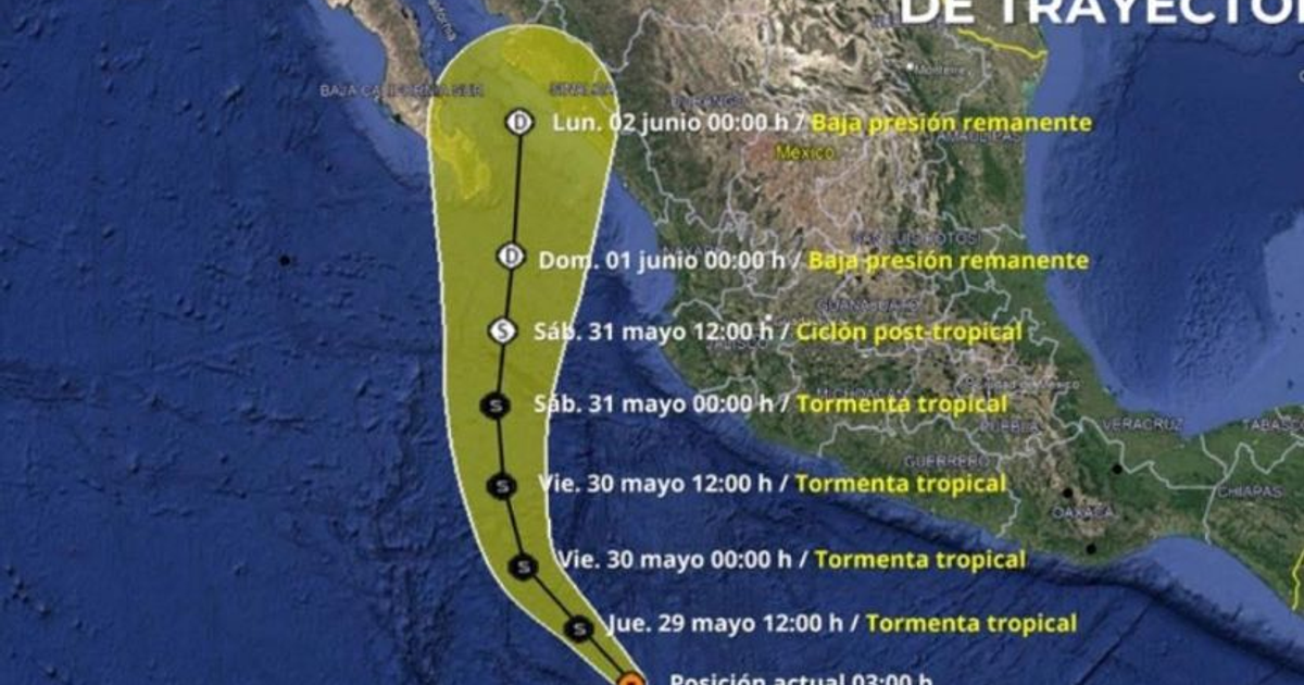 Mapa de la trayectoria de la tormenta tropical Alvin en el Pacífico, cerca de México, con fechas y estados del fenómeno.