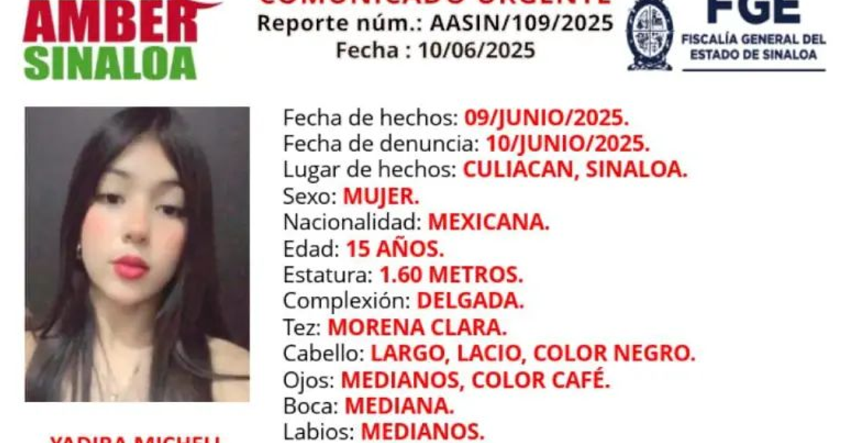 Comunicado de Alerta Amber para Yadira Michell en Culiacán, Sinaloa.
