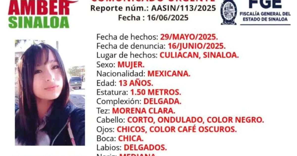 Comunicado de Alerta Amber para Nayeli Esmeralda, desaparecida en Culiacán