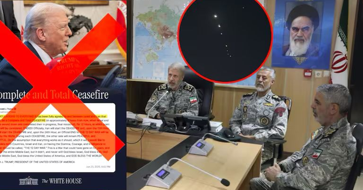 Collage de un político con documento tachado y oficiales militares en conferencia, simbolizando el rechazo al cese al fuego entre Irán e Israel.