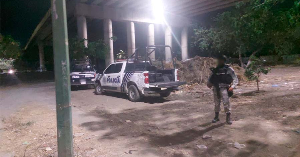 Vehículos de policía y agente en escena de crimen bajo puente a desnivel en Mazatlán