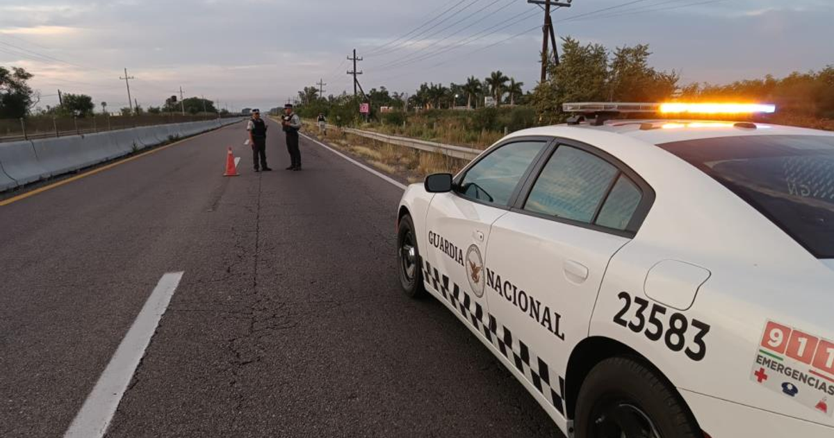 Operativo de la Guardia Nacional en carretera rural con agentes y vehículo oficial