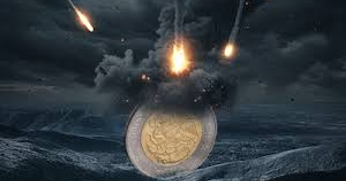 Moneda en primer plano con fondo de explosiones y meteoros, simbolizando el caos financiero tras el bombardeo en Irán.