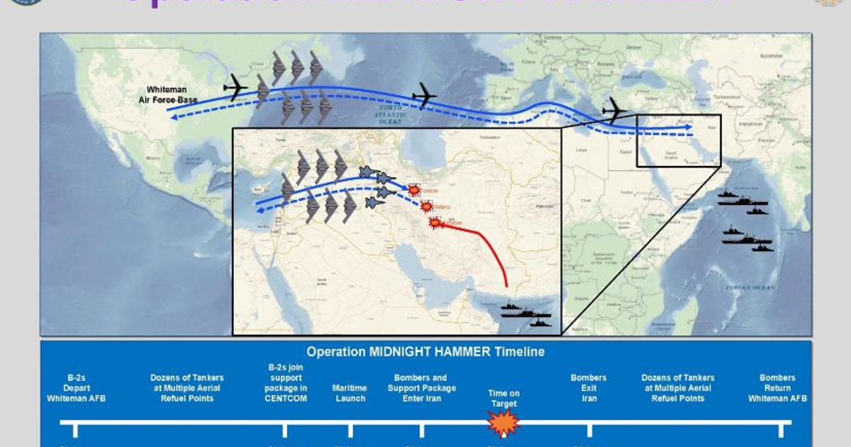 Mapa de la Operación MIDNIGHT HAMMER mostrando rutas de bombarderos B-2 y misiles Tomahawk hacia Irán.
