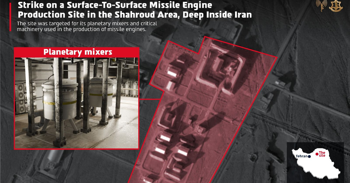 Gráfico del sitio de producción de motores de misiles en Shahroud, Irán, atacado por la IAF, mostrando mezcladores planetarios y ubicación respecto a Teherán.