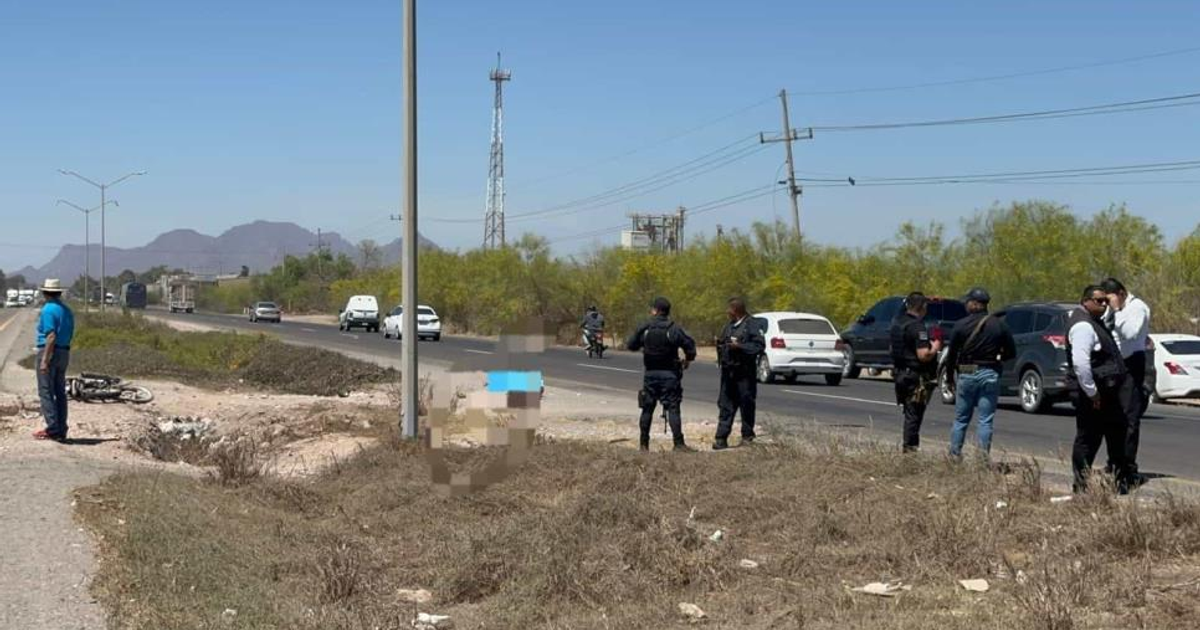 Escena de investigación policial en carretera México 15, Guasave, con presencia de policías y un hombre con camiseta azul.