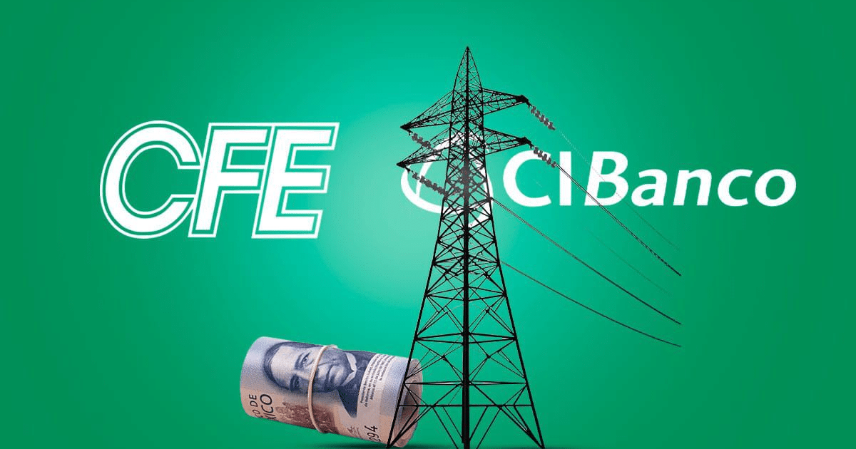 Logotipos de CFE y CIBanco con torre de electricidad y billete, simbolizando servicios eléctricos y financieros.
