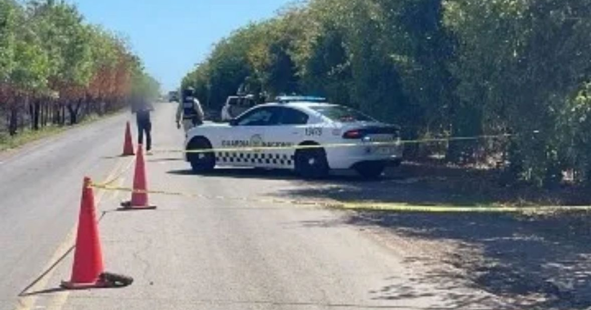 Automóvil de policía en carretera con conos y cinta amarilla, indicando una investigación en curso.