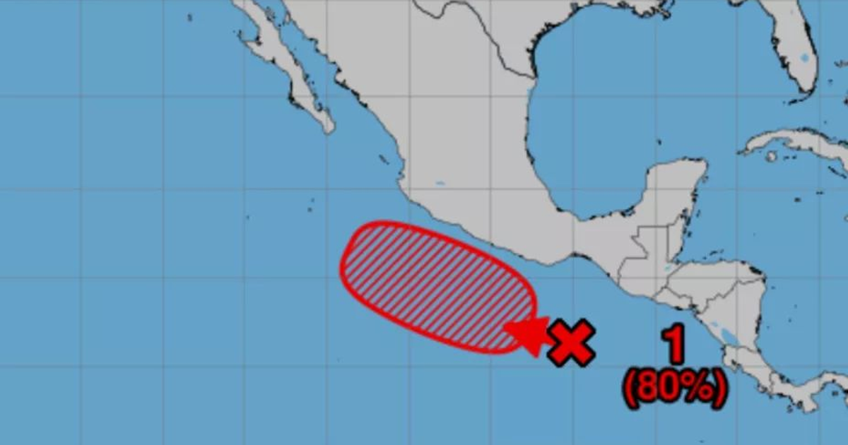 Mapa de área de interés ciclónico con alta probabilidad de desarrollo frente a Oaxaca y Chiapas.
