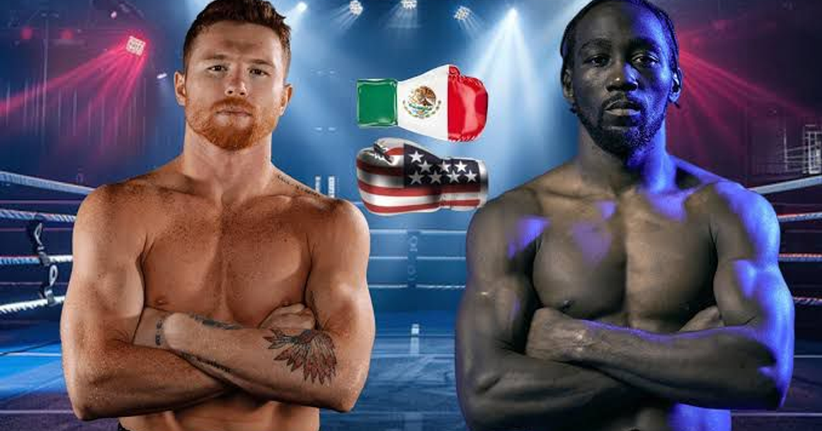 Canelo Álvarez y Terence Crawford en un ring de boxeo, con guantes representando a México y Estados Unidos.
