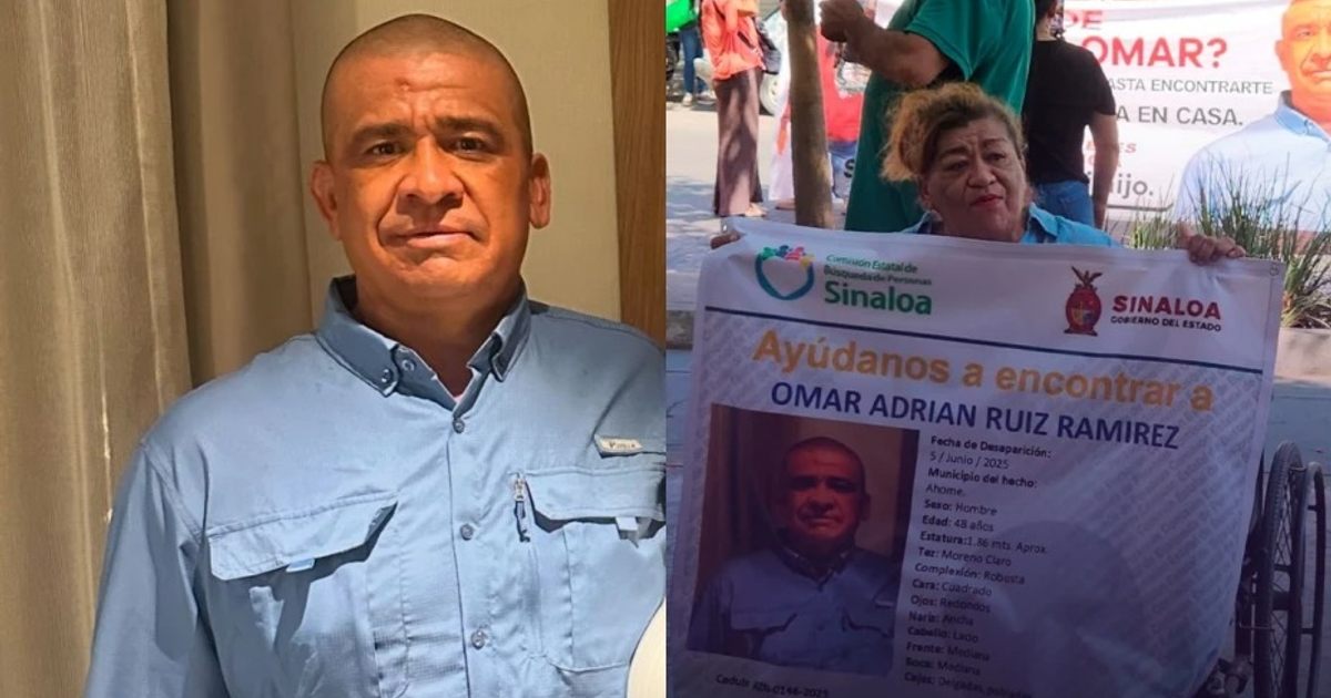 Mujer con cartel de búsqueda de Omar Adrián Ruiz Ramírez en evento público