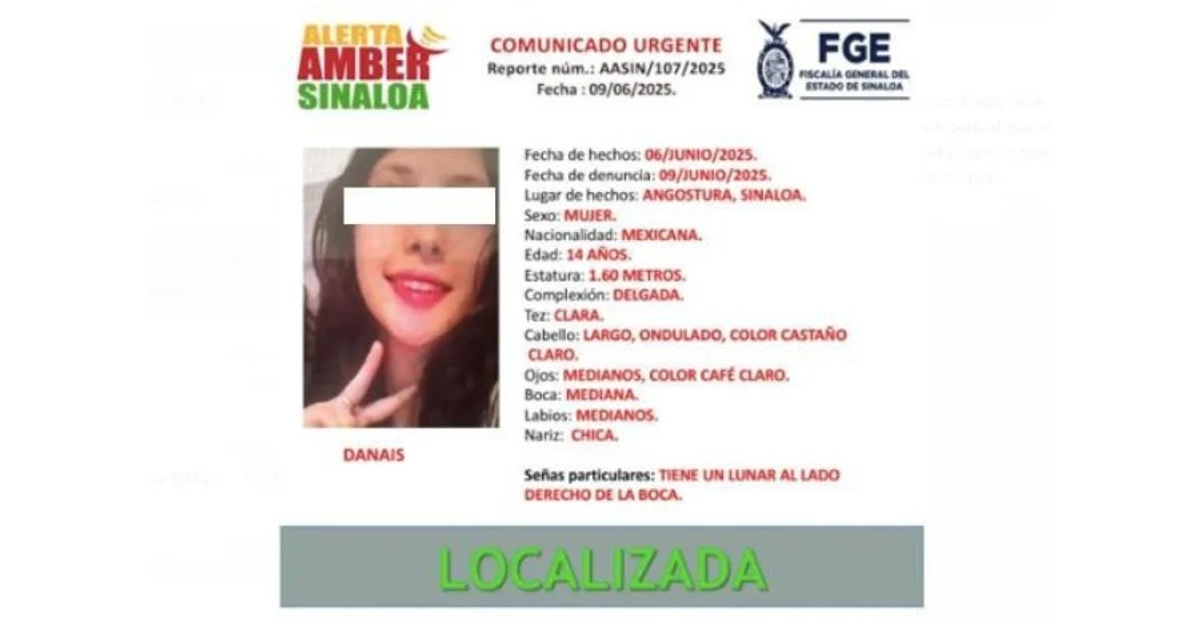 Comunicado de Alerta Amber sobre la localización de Danais en Sinaloa, México.