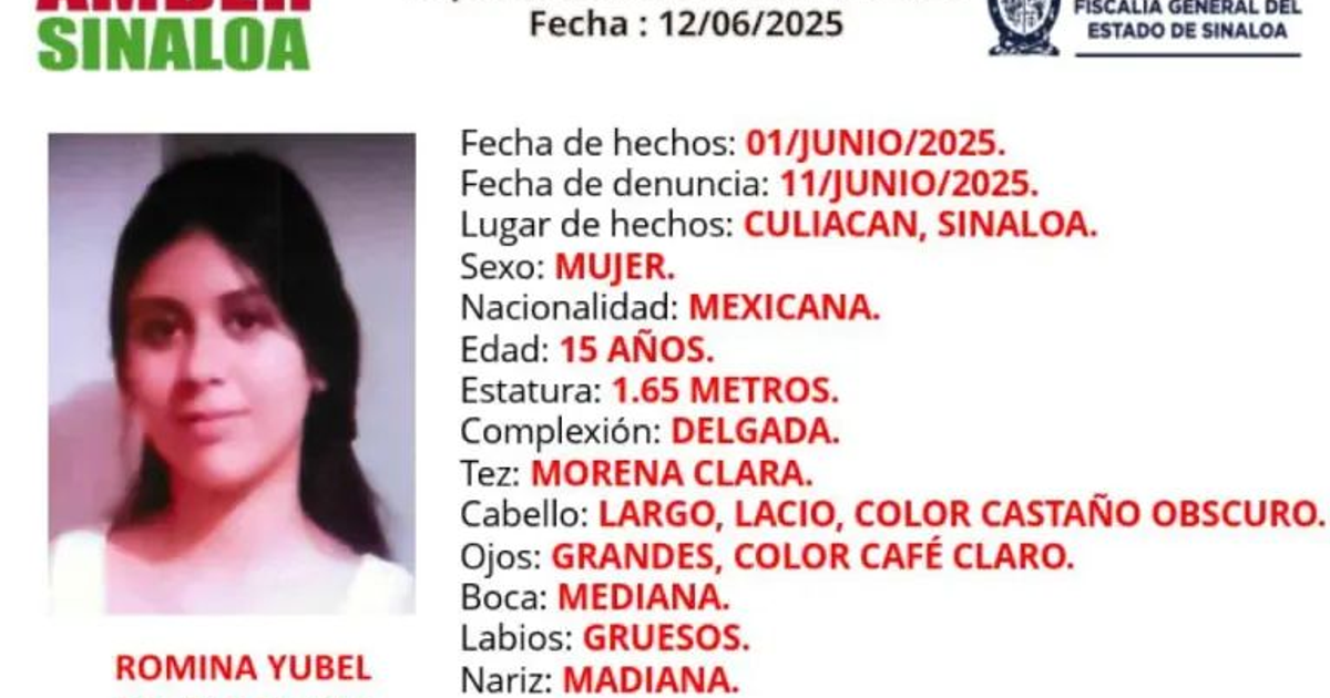 Cartel de búsqueda de Romina Yubel, adolescente desaparecida en Culiacán, Sinaloa.