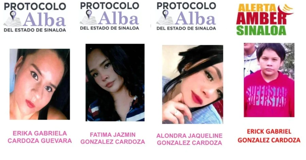 Aviso de Protocolo Alba y Alerta Amber con fotos de familia desaparecida en Sinaloa