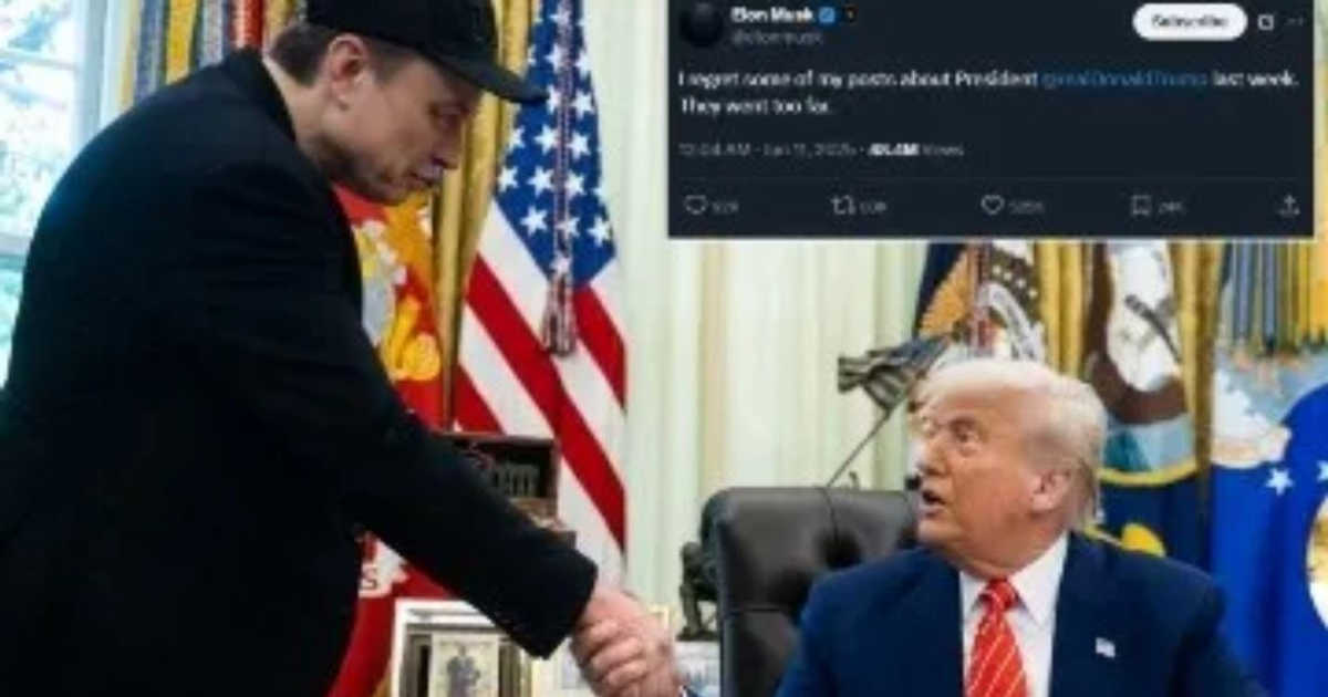 Dos hombres en la Oficina Oval estrechándose la mano, uno con expresión de sorpresa, en un contexto de disculpas de Elon Musk a Donald Trump.