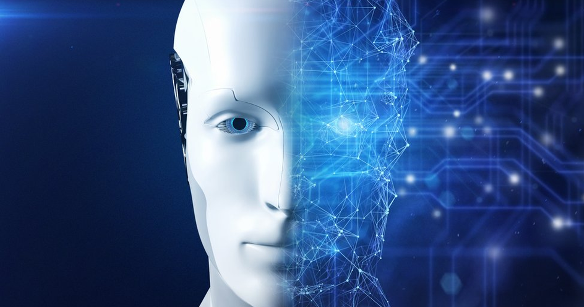 Rostro humanoide dividido: mitad humana y mitad tecnológica, simbolizando la relación entre IA y humanos.