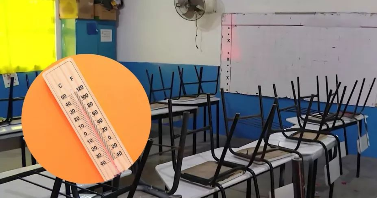 Aula vacía en Sinaloa con pupitres volteados y termómetro en la pared, reflejando el ajuste escolar por calor.