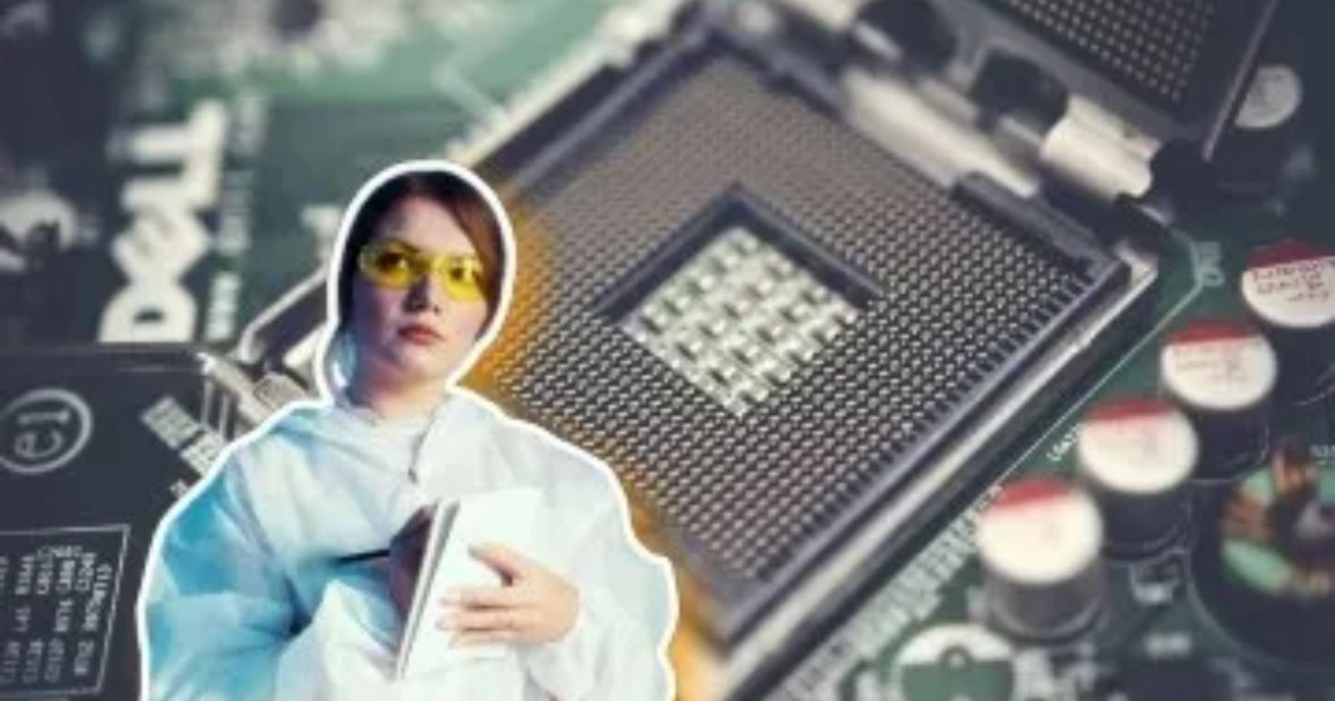 Ingeniero con gafas amarillas en foro de semiconductores, sosteniendo laptop, con fondo de placa de circuito.