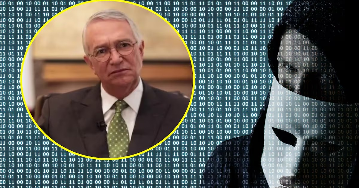 Hombre en recuadro central con fondo de código binario y figura enmascarada a la derecha, simbolizando ciberseguridad y fraude.