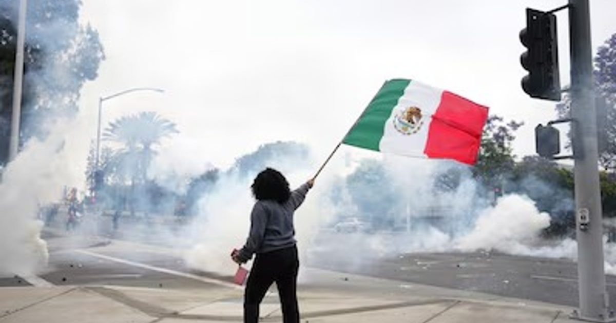 Persona con bandera de México en protesta en Los Ángeles