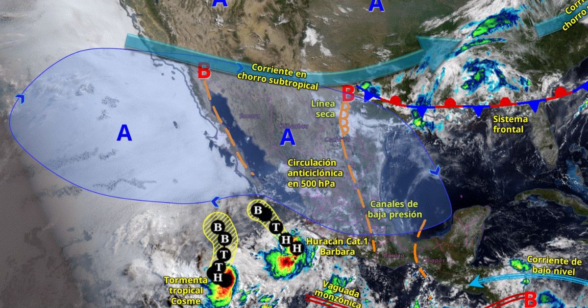 Mapa meteorológico mostrando el huracán Bárbara y la tormenta Cosme, con sistemas de presión y corrientes de aire.