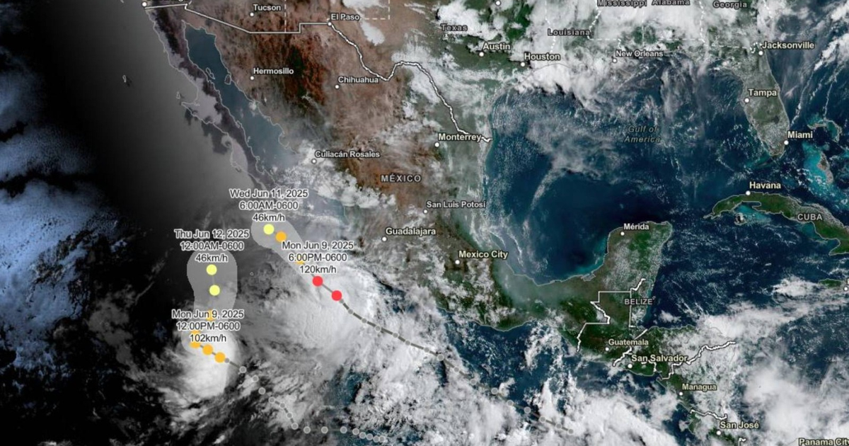 Mapa meteorológico con trayectorias de ciclones tropicales y el huracán Bárbara en junio 2025.