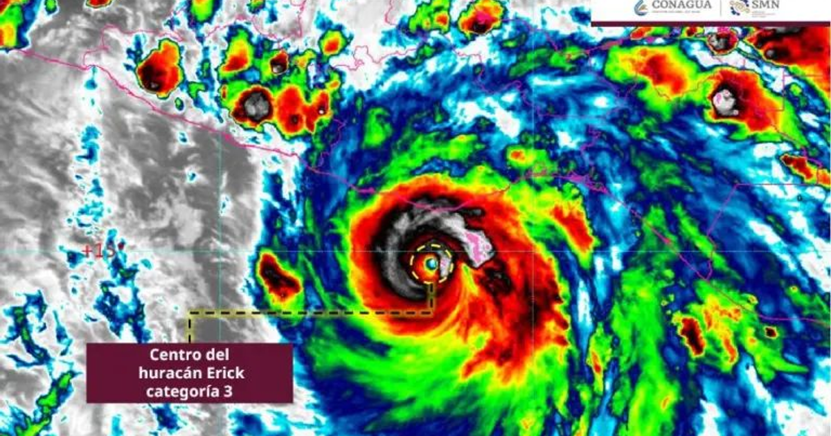 Mapa meteorológico del huracán Erick categoría 3 con intensidades de viento y lluvias.