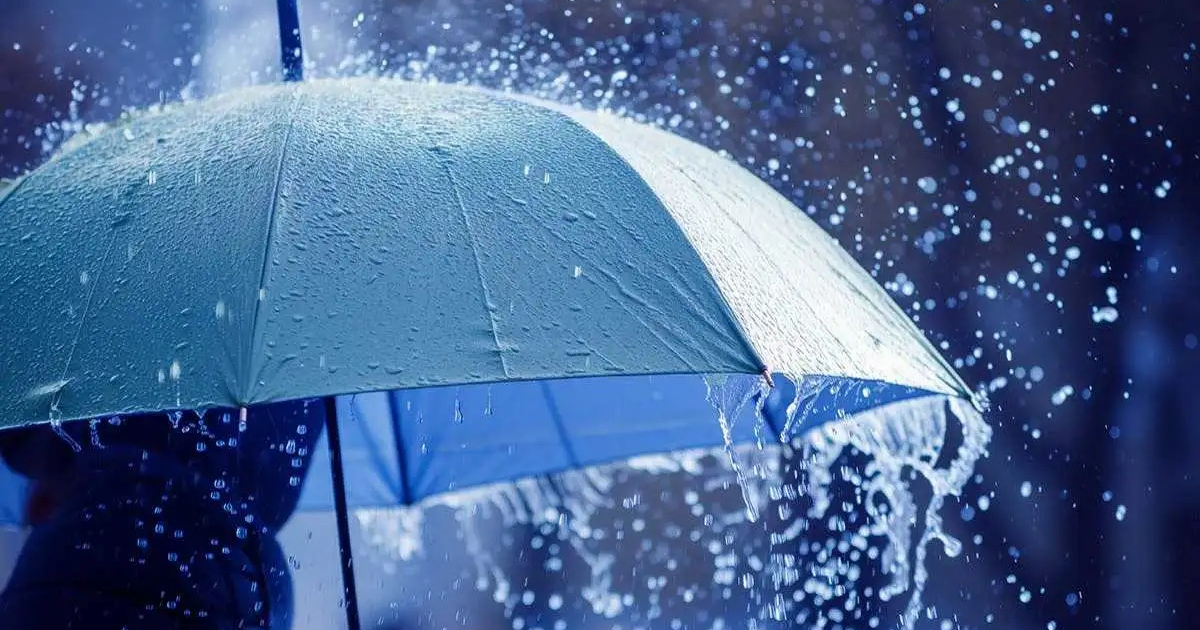 Paraguas azul bajo la lluvia intensa en Sinaloa, reflejando el pronóstico de lluvias por el sistema tropical Flossie.